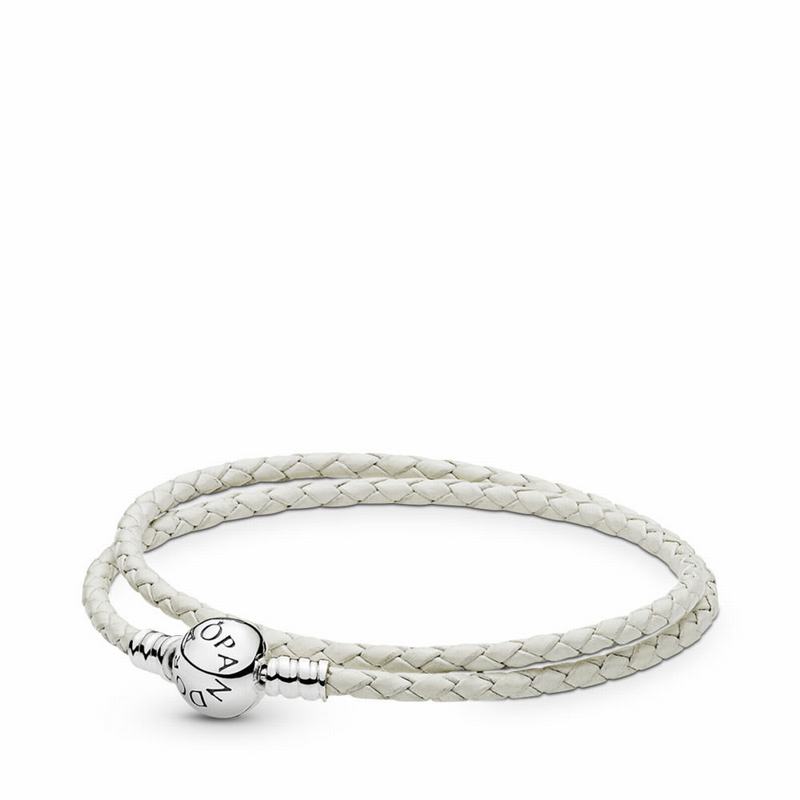 Pandora White Braided Double-leather Charm Bracelet - Sterling Silver/Leather/White - Canada | NT555